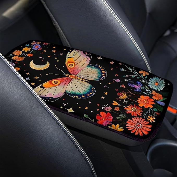 Moon Moth Car Armrest Cover Pad for Women Breathable Center Console Arm Rest Protector Cover Universal Fit Moth Car Accessories