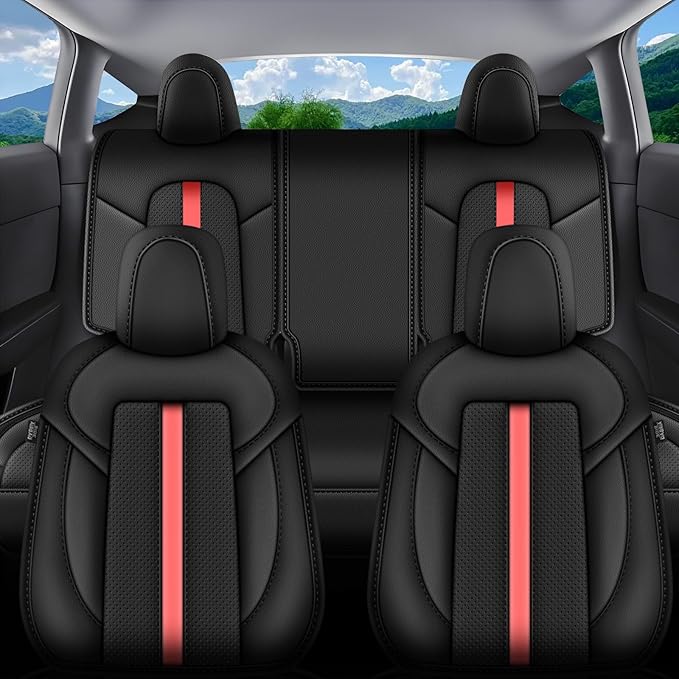 AOMSAZTO Car Seat Cover Fit for Tesla Model Y 2020 2024 - Half Surrounded Customized Seat Covers(Black with Red Stripe)
