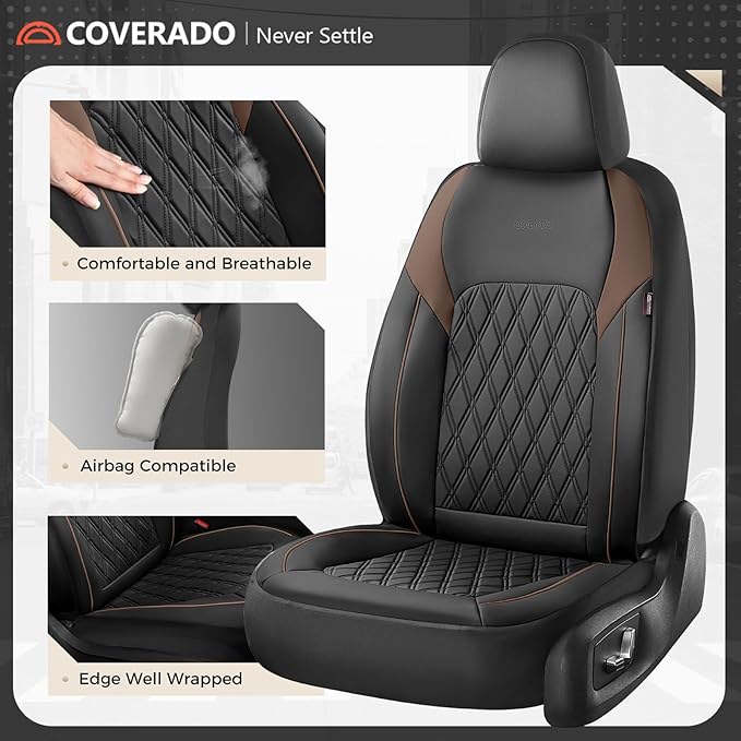 Coverado Leather Seat Covers, Front and Back Seat Covers for Cars, Waterproof Automotive Seat Covers Car Seat Protector Car Seat Cushion Universal Interior Truck Accessories Fit Most Cars Black&Coffee