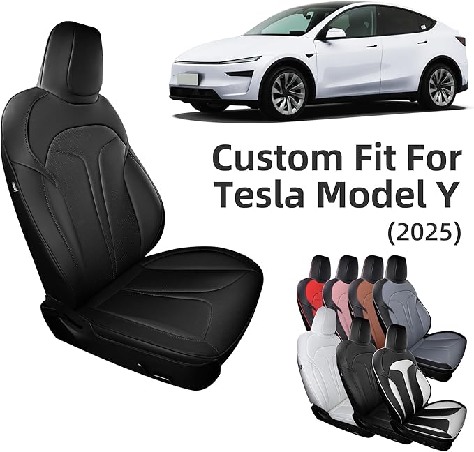 Custom Fit Seat Covers for 2025 2026 Tesla Model Y Juniper (5-Seater), Waterproof Breathable Nappa Leather, OEM Factory Style Full Set Car Seat Protectors Airbag Compatible - Black