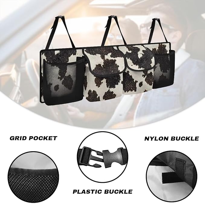 Black Cow Spots Backseat Trunk Organizer for Car Large Capacity Multipurpose Cargo Bag,Sturdy Space Saving Expert