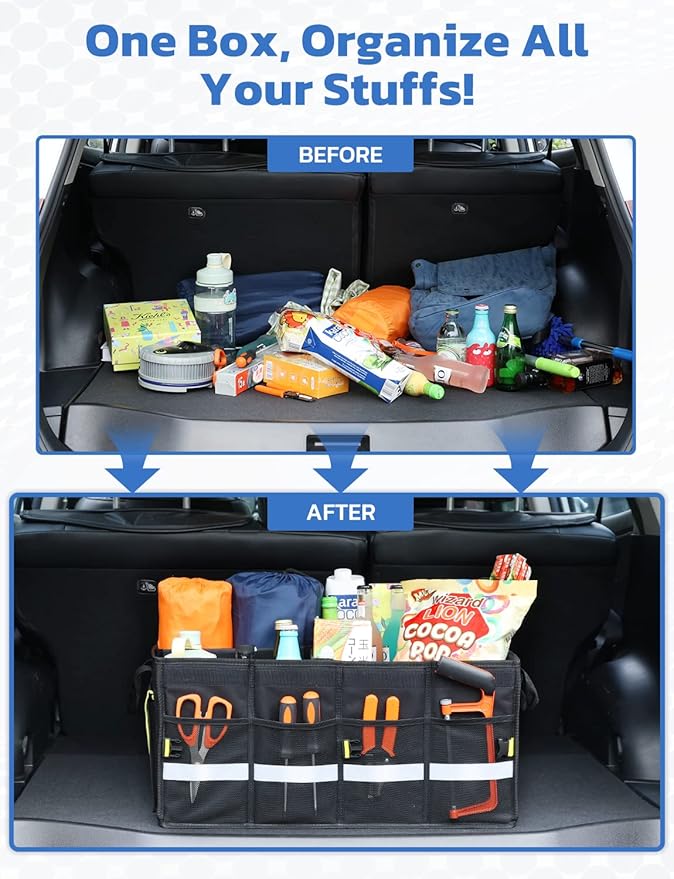 Oasser Car Trunk Organizer, 3 Compartments Collapsible Waterproof Car Organizer Storage with Foldable Cover, Reflective Strip, Non-Slip Bottom, 4 Mesh Pockets for SUV/Truck/Sedan/Camping/Road Trip