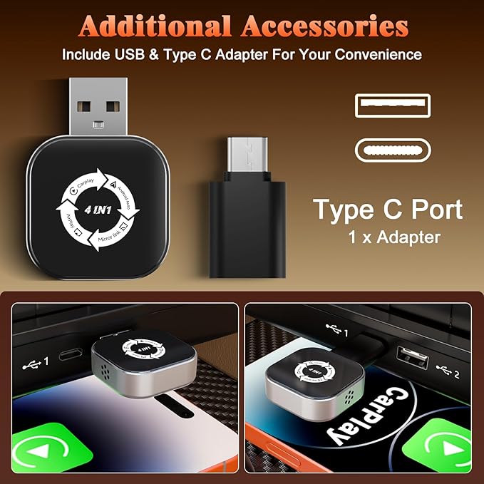 4 in 1 Wireless CarPlay Adapter with Screen Mirroring – Supports Apple CarPlay & Android Auto & AirPlay & MirrorLink, 2026 Upgraded screen mirroring dongle for car, USB-A/USB-C Connection, Plug & Play
