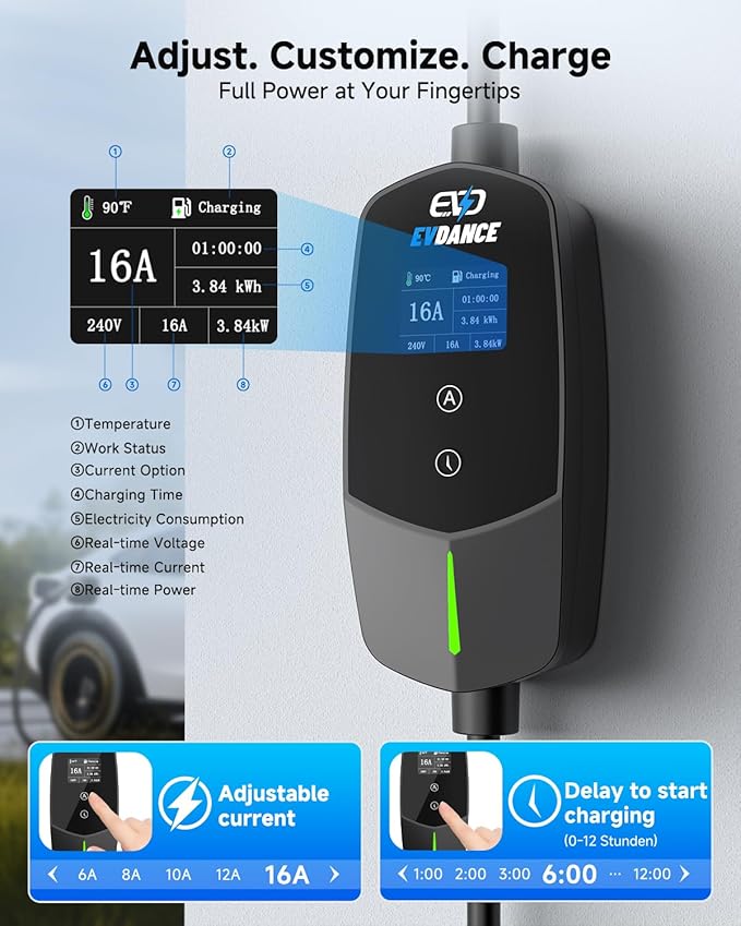 EVDANCE Level 1 & 2 EV Charger, 16A 110-240V Portable Electric Car Charger with 25ft Cable, Adjustable Current, Delayed Start, LED Screen, Universal EV Charger Compatible with All J1772 EVs