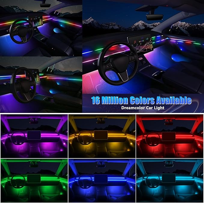 Dreamcolor Acrylic Interior Car LED Strip Light with Wireless APP, RGB 18 in 1 with 175 inches 600 LEDs Fiber Optic Car Ambient Lighting Kits, Music Sync Function Neon LED Strip for Car Accessories