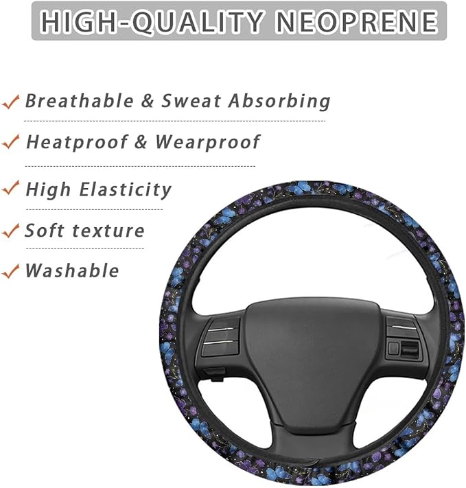 AFPANQZ Steering Wheel Protection for Automotive Steering Wheel Covers, Blue Purple Butterfly Sweat Absorption Comfort Grip for Driver Women Men