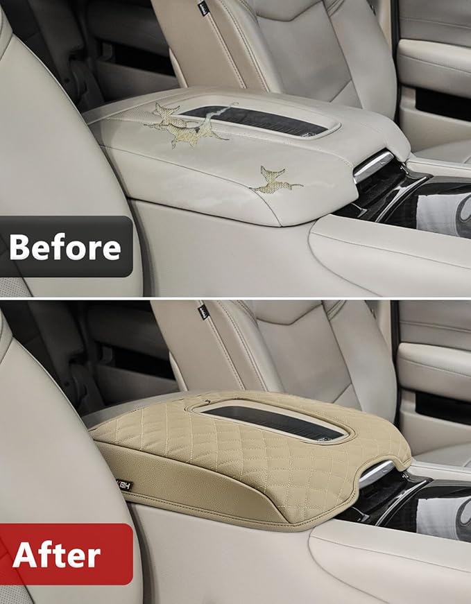 KBH Center Console Armrest Cover for Cadillac Escalade 2015 2016 2017 2018 2019 2020, Vinyl Leather Trim, Middle Console Arm Rest Lid Cushion Pad, Anti-Scratch, Beige
