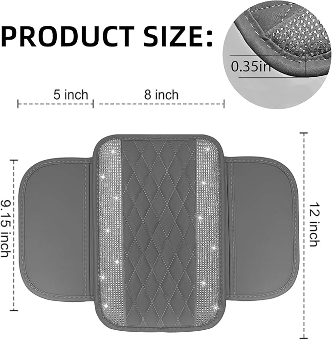 NBTEPEM Bling Gray Car Center Console Cover, Leather Car Arm Rest Cover with 2 Storage Bags, Universal Auto Armrest Protector Storage Box, Bling Accessories Interior for Most Vehicles