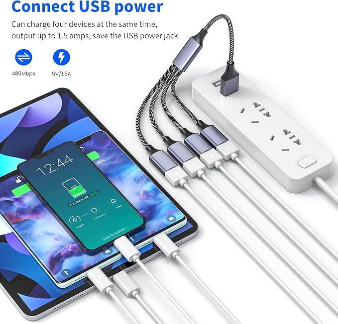 MOGOOD USB Splitter, 4-Port USB 2.0 Electronic Adapter, Multi-Socket USB Hub for Data Transfer and Power Charging, Compatible with Keyboard, Desktop, Television, Laptop, Printer, Car, U Disk, and TV