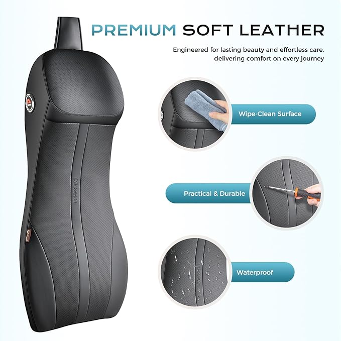 Coverado Lumbar Support and Headrest Pillow for Car, Integrated Design Ergonomic Memory Foam Head Neck Support Pillow for Driving Seat, Soft Leather Breathable Back Support, Back Pain Relief, Black