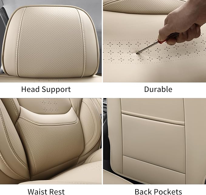 Chezope Car Seat Covers Full Set, Beige Leather Seat Covers, Breathable Front and Back Car Seat Protectors, Wear-Resistant Seat Covers Universal Fit for Most Cars SUV Truck (Beige-Solid, Full Set)
