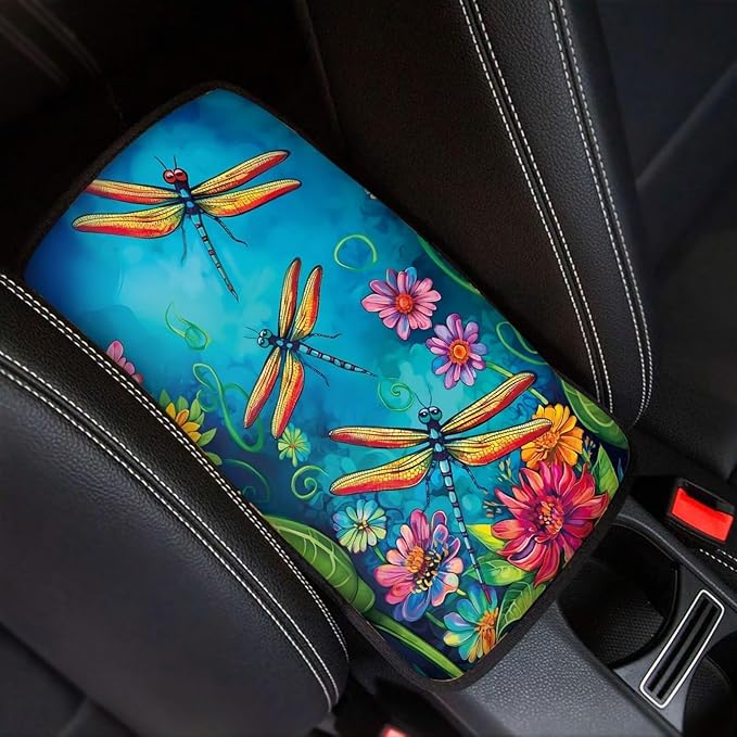 Dreaweet Dragonfly and Flower Print Car Center Console Armrest Cover Pad Soft Universal Center Console Armrest Cover Protector for Vehicle SUV Trucks Sedan Cute Car Accessories for Women Girly