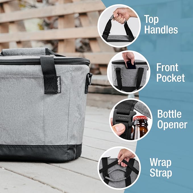 CleverMade Collapsible Insulated Cooler Bag – Leakproof Soft Cooler for Beach, Travel, Car – Bottle Opener