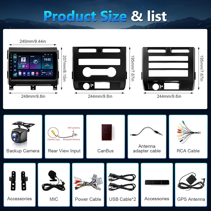 8Core Car Radio for Ford F150 2009 to 2012 XL XLT, 9inch Touchscreen Stereo, Wireless Apple CarPlay & Android Auto, Mirrorlink, 5G WiFi GPS, FM RDS, EQ DSP, Back-Up Camera, SWC, 2G+32G