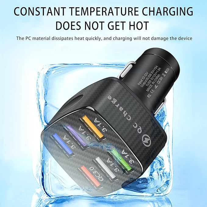 Car Charger Adapter, 6 Ports USB QC3.0 Fast Phone Charger, Car Interior Accessories Fit for All Vehicles, Multi-Port Car Phone Charger with LED Light Display for Smart Phone and More (Black)