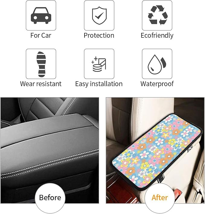 Retro Flowers Auto Center Console Cover Pad Car Armrest Seat Box Cover Cushion Universal for Most Vehicle SUV Truck Car Accessories Decor