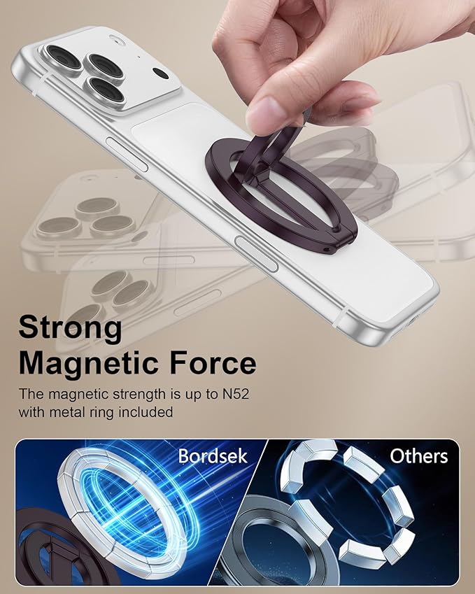 MagSafe Finger Ring Phone Holder with Kickstand, Magnetic Grip Stand for iPhone 17e/17 Pro Max/Air/16e/16 Plus/15/14/13/12 Samsung Galaxy & Pixel, Stick-On for MagSafe Car Mount, Gym & Metal Surfaces