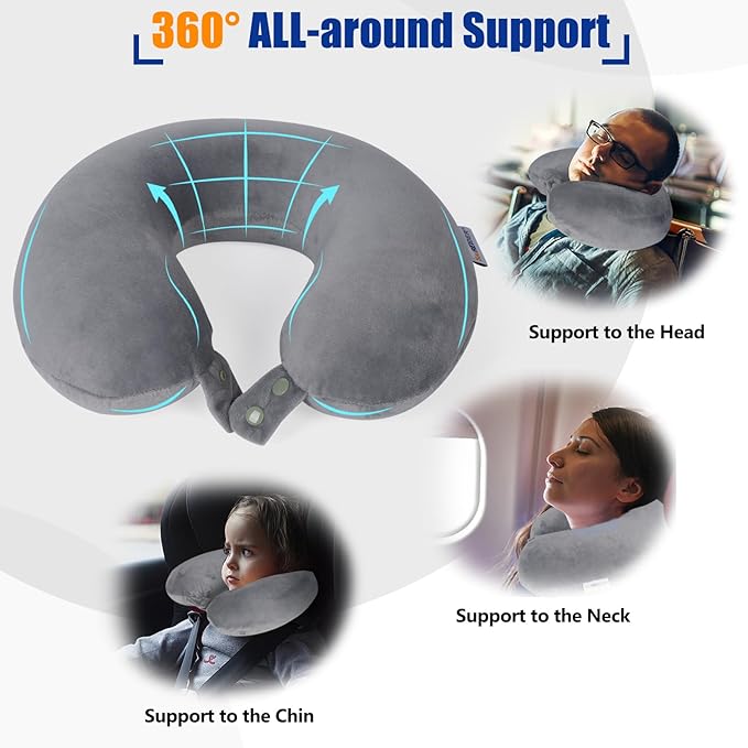 SAIREIDER Travel Pillows for Sleeping Airplane 100% Pure Memory Foam Neck Pillow for Airplanes Washable Cover with Storage Bag (Grey)