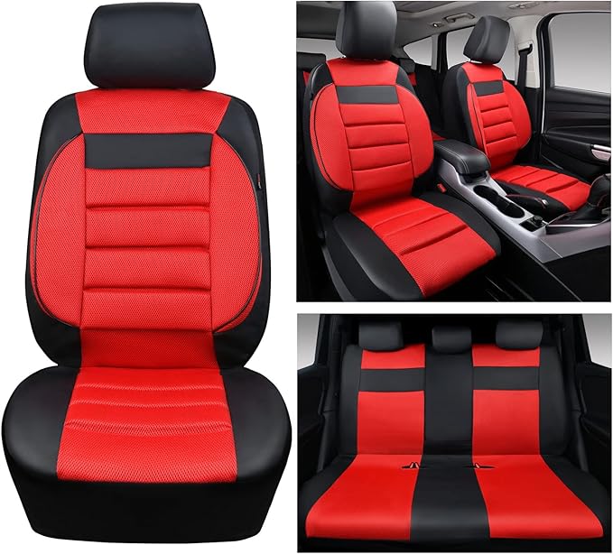 CAR PASS Leather 3D Foam Back Support Car Seat Covers Full Set Air Mesh Automotive Seat Covers, All Season Car Seat Cover Fit Automotive,SUV,Sedan,Van, Airbag Compatible Elegance (Black and Red)