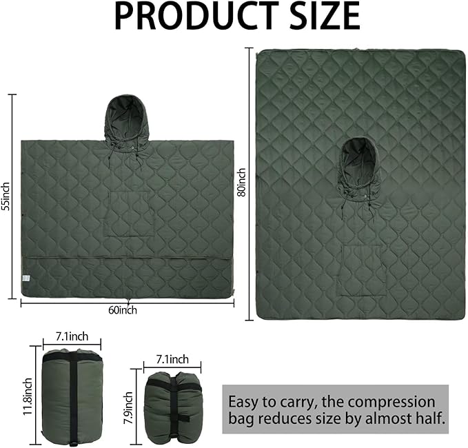 Poncho Liner Hoodie with Pocket Insulated Military Sleeping Bag Waterproof for Outdoor Camping Travel Survival Hunting Car Emergency