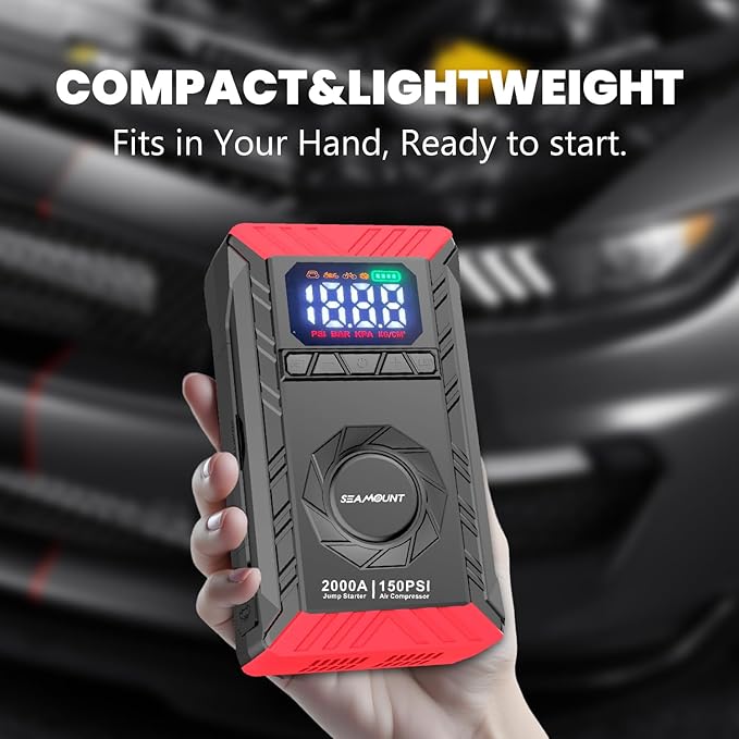 SEAMOUNT 2000A Jump Starter with Air Compressor Combo, Portable Car Battery Booster Pack for 6L Gas / 3L Diesel, 150PSI Tire Inflator, LED Emergency Light, Complete Roadside Kit
