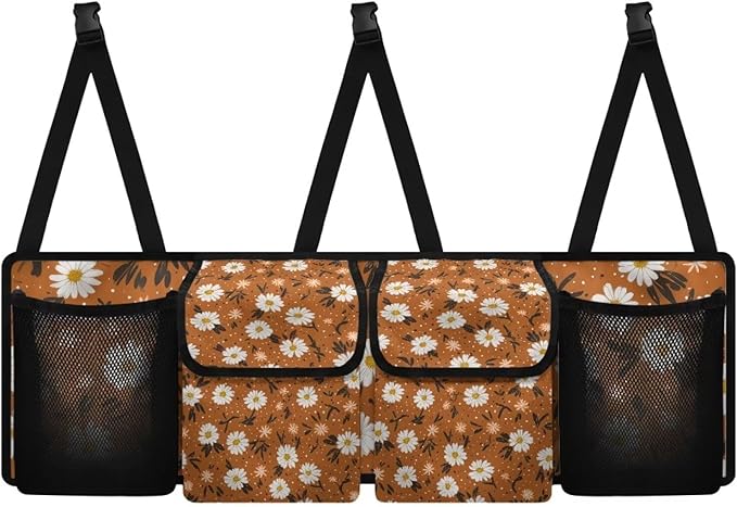 Orange Daisy Print Car Trunk Organizer Bag, Foldable Car Back Seat Storage Bag with 4 Pockets Car Interior Accessories for SUV MPV Sedans Pickup Jeep Trucks