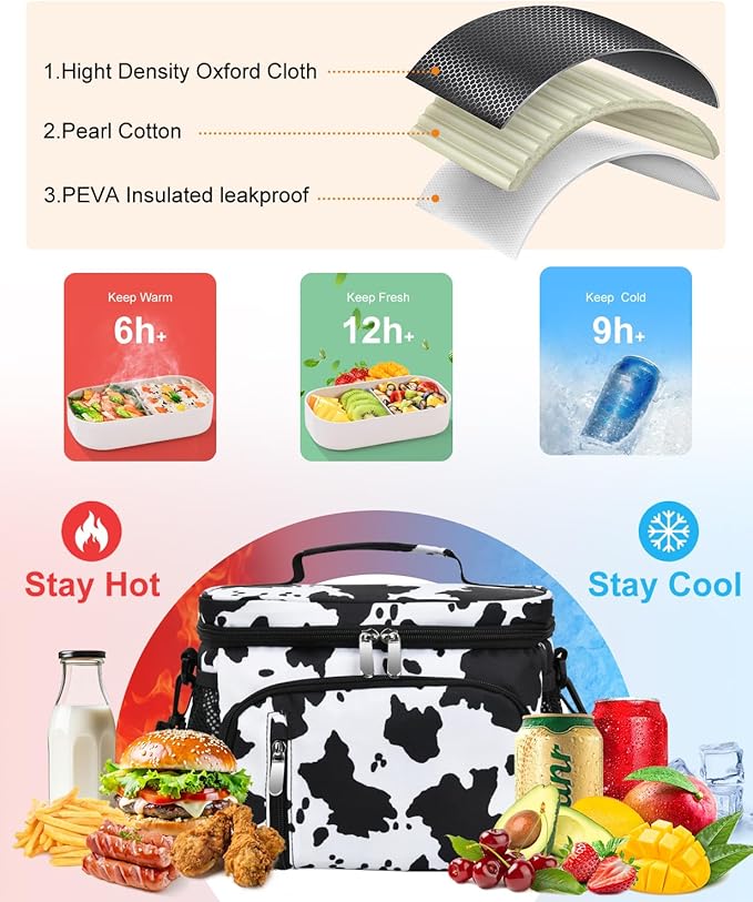 Insulated Lunch Bag for Men & Women, 9L Leakproof Lunch Box Soft Cooler Tote with 5 Pockets, 600D Oxford, EVA Lining, Adjustable Strap for Work, Picnic, Beach&Travel-Cow Print