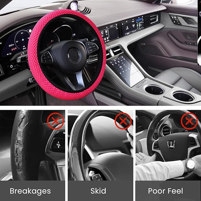 Elastic Stretch Car Steering Wheel Cover, Comfortable Steering Wheel Cover Universal for 14.5-15 Inch, Warm in Winter & Cool in Summer, Anti-Slip Breathable Ice Silk (Rose Red)