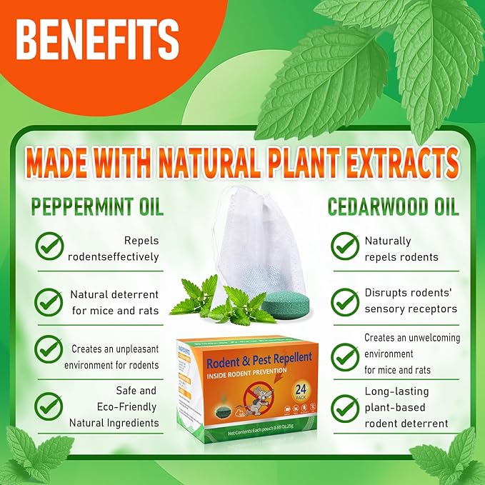 Mouse Rodent Repellent 24 Pack, Peppermint Oil Balls for Rodents Outdoor and Indoor Use, Deterrent Rats Mice Repellent for Car,Kitchen