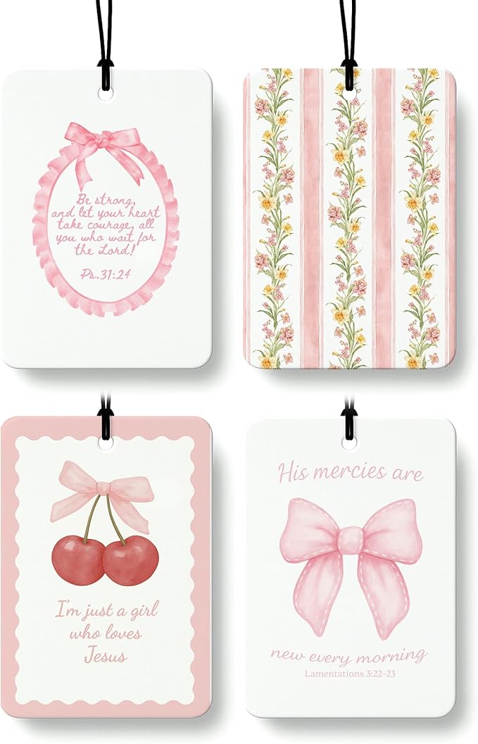 Christian Preppy Pink Cologne Car Air Freshener 4 Pcs, Coquette Pink Bow Cherry Floral Bible Verse Hanging Air Freshener for Cars Bathroom Dorm Books Decor, Cute Accessories Gifts for Women