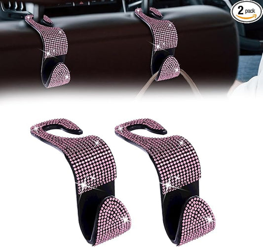 2 Pack Car Seat Headrest Hook, Bling Car Hooks Front Seat, Back Seat Organizer Hanger Storage Hook Car Purse Hook for Bags, Clothes, Coats, Grocery Bags (Pink)