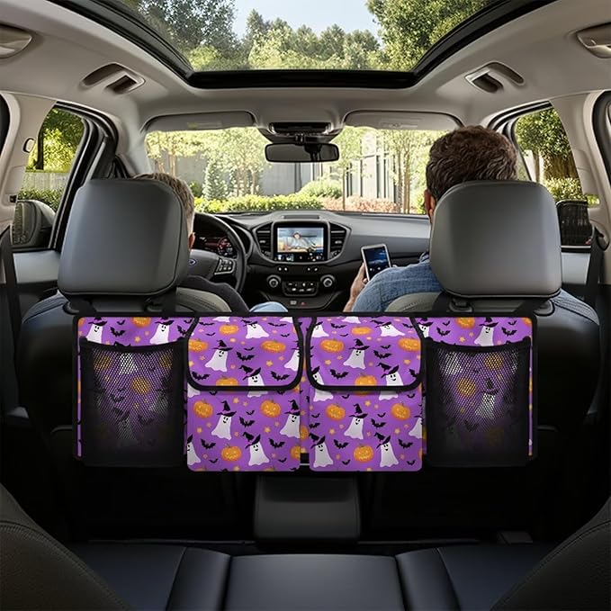 Purple Halloween Print Car Trunk Organizer Hanging Auto Back Seat Storage with 4 Pockets Car Interior Accessories for SUV MPV Hatchback Crossover Minivan Truck