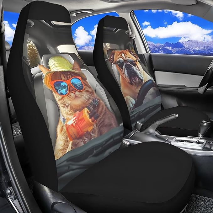 Soft Front Car Seat Covers Bulldog and Cat Full Wrapping Edge Premium Polyester Seat Covers Universal Automotive Seat Cushion Covers for Sedan,Vans,Trucks