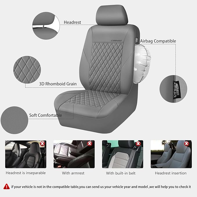 CAR PASS Quilting Faux Leather Seat Covers Full Set, Waterproof Deluxe PU Premium Auto Seat Cover, Breathable Seat Covers Universal Fit for Most Sedan SUV Van Small Truck, Airbag Compatible All Gray