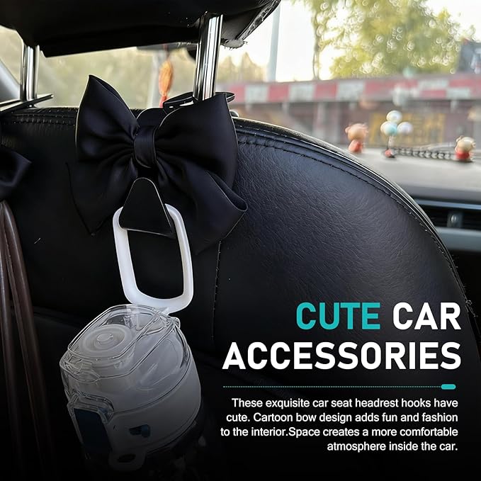 2 PCS Car Seat Headrest Hooks, Cute Bow Back Seat Storage Hangers for Handbag Purse Coat, Universal Auto Organizer Hooks (Black)