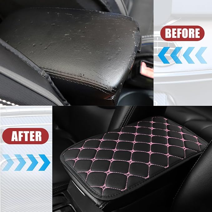 Car Center Console Cushion Pad, PU Leather Vehicle Armrest Cover Protector, Anti-Scratch Automotive Interior Arm Rest Seat Box Mat Accessories, Universal for SUV Sedan Truck (Black/Pink)
