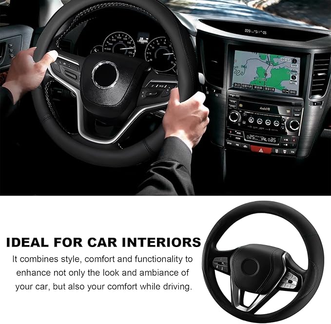 Leather Steering Wheel Cover, 15 Inch Soft Breathable Car Wheel Cover with Anti-Slip Lining, Universal Comfortable Steering Wheel Protector for Most Cars Trucks SUVs (Black)