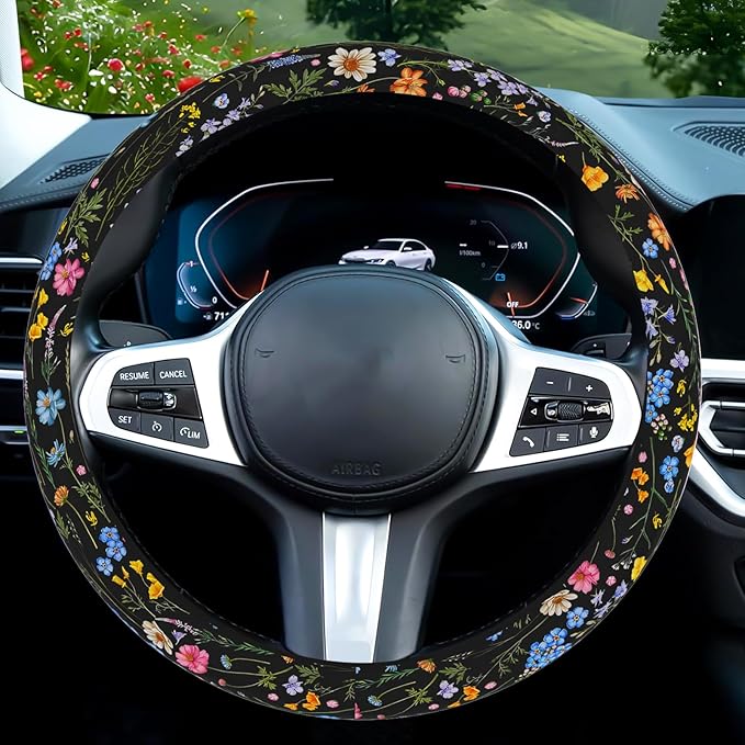 Wildflower Car Steering Wheel Cover, Flower Car Accessory for Diverse Cars, Cute Floral Print Steering Wheel Cover Protector for Women, for Steering Wheel with a Diameter of 14.5"-15" (Wildflower)