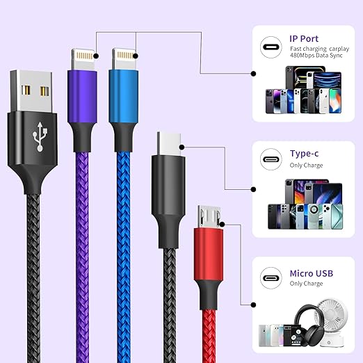 Dual IP 4 in 1 Multi Charging Cable [1Pack 5FT], Nylon Phone Charger USB Cable, Travel Charging Cords with IP/IP/Type C/Micro Port, Compatible with Most Cell Phones/Tablets and More
