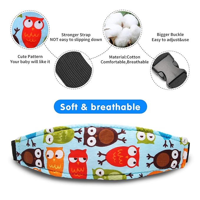 Baby Carseat Head Support,Car seat Straps Pillow Support Ban,Stroller Neck Relief Strap Headrest,Slumber Sling Sleep Positioner for Toddler Infants Child Children Kids（Blue Elephant + Owl）
