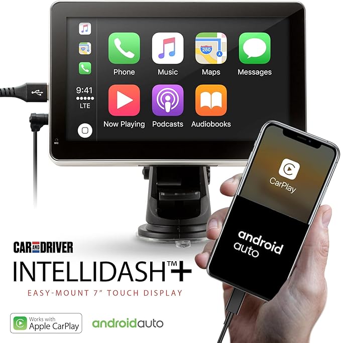 Car and Driver INTELLIDASH with Apple Carplay and Android Auto, 7'' IPS Touchscreen Multimedia Player with Bluetooth, Mirror Link, SiriusXM, Google, Siri Assistant Dash or Windshield Mounted
