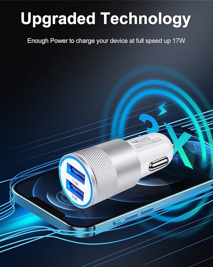 Car Charger, AILKIN 3.4a Portable Dual Port USB Cargador Carro Fit Lighter Spot Socket Adapter for iPhone 17 16E 16 15 14 13 Pro Max Plus, iPad, Tablet, Samsung Galaxy S25 Ultra Cigarette Auto Charger