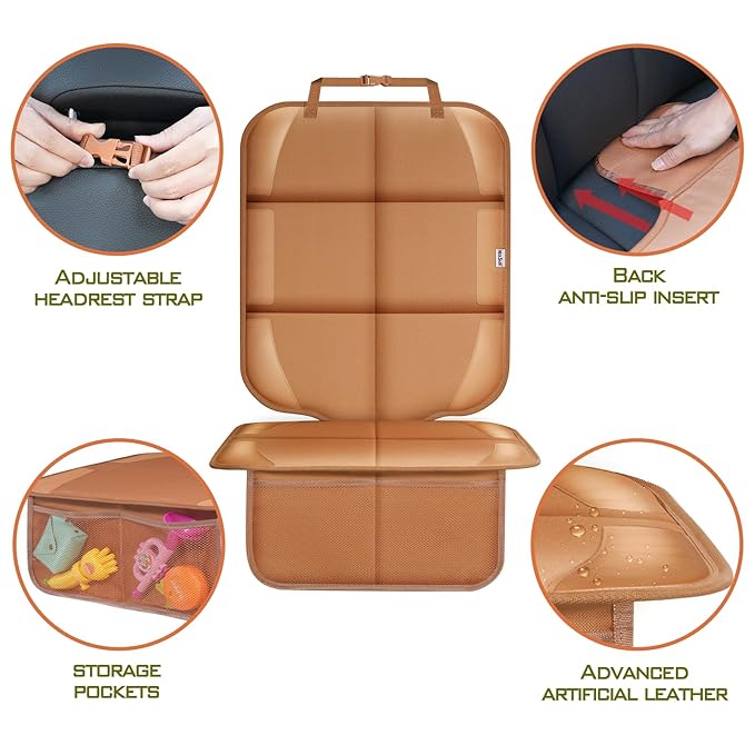Meolsaek Car Seat Protector for Child Car Seat, Durable 600D Fabric Waterproof Car Seat Cover with Thick Pad Non-Slip Backing，No Imprints (Tan-1 pc)