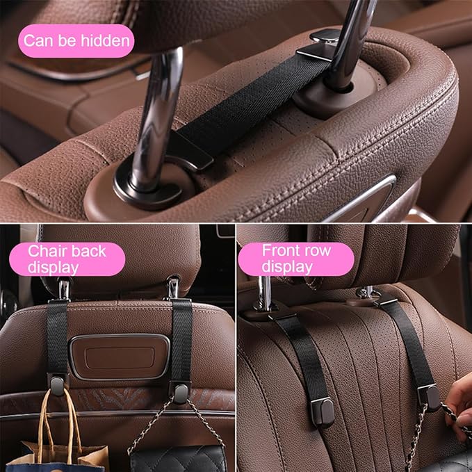 Car Headrest Hooks, 2PCS Vehicle Back Seat Storage Organizer Hanging Holder for Purse Bags Grocery, Adjustable Automotive Interior Hanger Accessories, Universal Fit (Black)