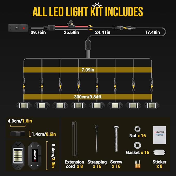 Hovano 8Pods Alloy White Rock Lights Kits with Extension Wires,6000K Pure White Color 42 LED Super Bright Chips IP68 Waterproof Underglow Kit for Pickup Off Road Trucks SUV ATV UTV Golf Car Boat
