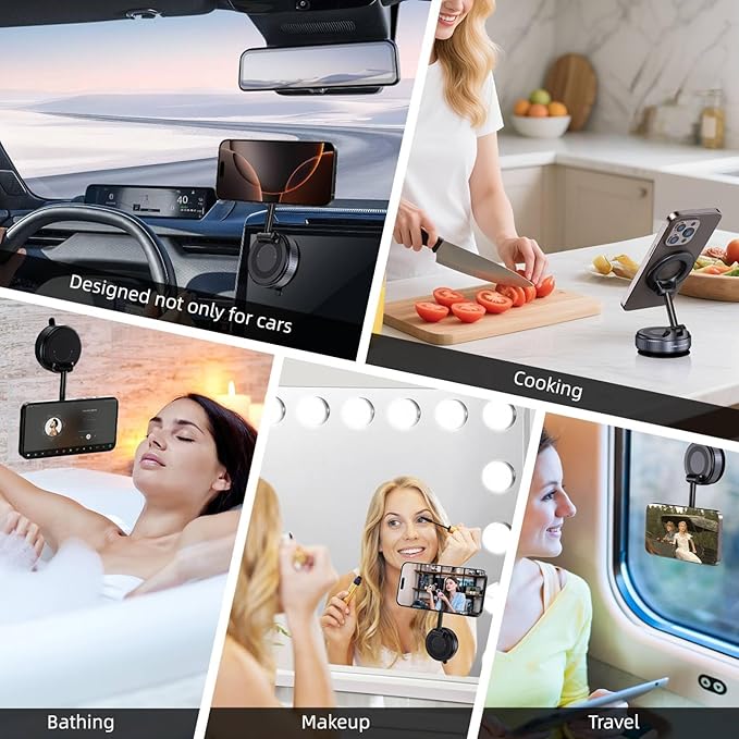 Jikasho Vacuum Magnetic Car Phone Holder for Magsafe, Hands-Free 360° Adjustable Suction Cup Phone Mount for Car/Gym/Mirror/Smooth Surface, Compatible with iPhone & Android (Black)
