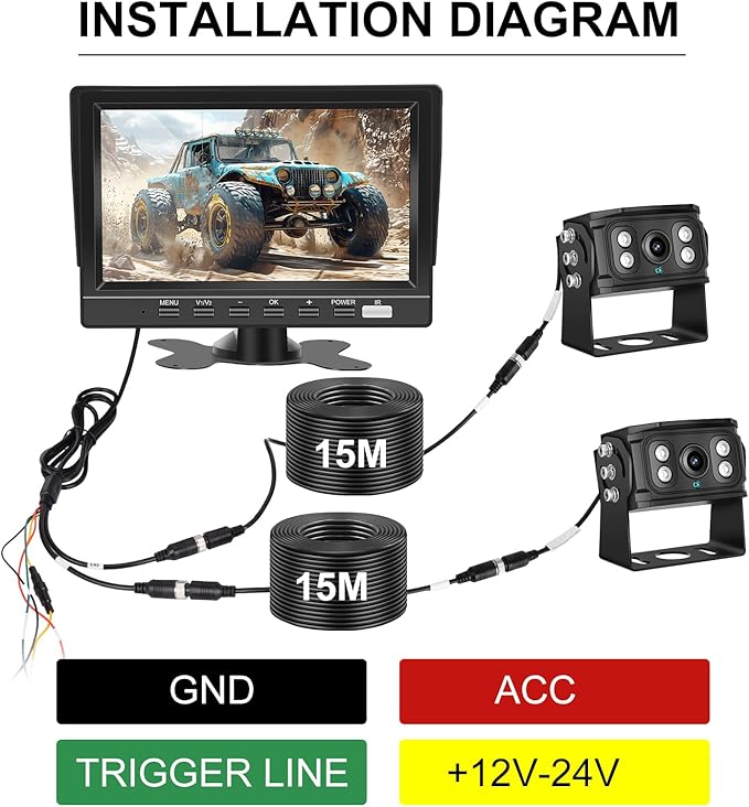 Dual RV Backup Camera 7 Inch 4K Display Screen Loop Recording Voice Control System IP68 Infrared Night Rear View Camera Wired Kit RV Trucks Tractors Car Videorecorders （12-24V）