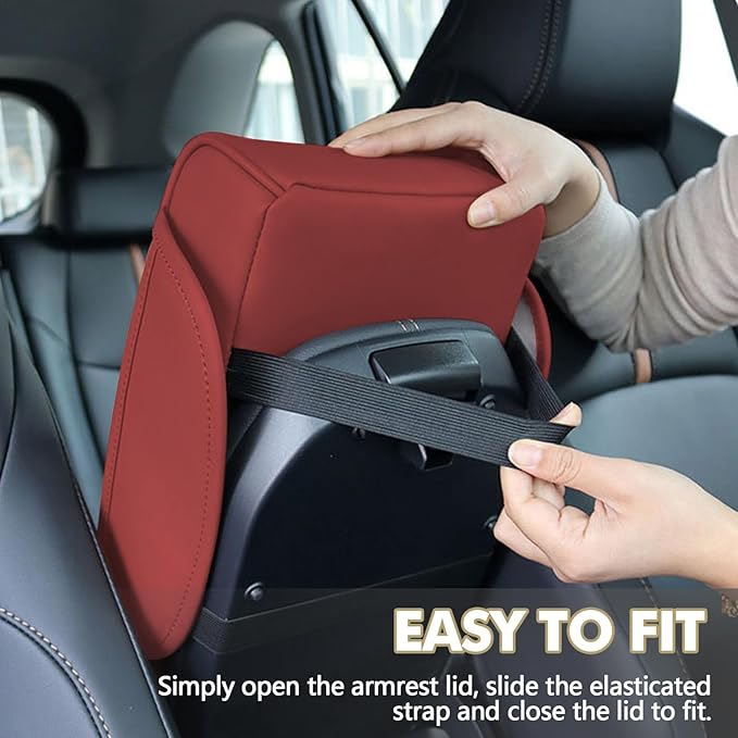 Hovom Car Center Console Cover, 13.39"×7.87"×2.76" Leather Armrest Cover for Cars, Memory Foam Armrest Pillow with Pocket, Cup Holder & Phone Slot, Universal Vehicle Arm Rest Cushion Pad (Red)