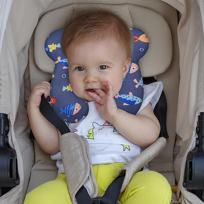 Baby Travel Pillow, Upgrade U-Shape Infant Pillow for Car Seat Pushchair and Stroller, Soft Comfortable Sleep Cushion for Kids Newborn and Toddler -Fish DarkBlue