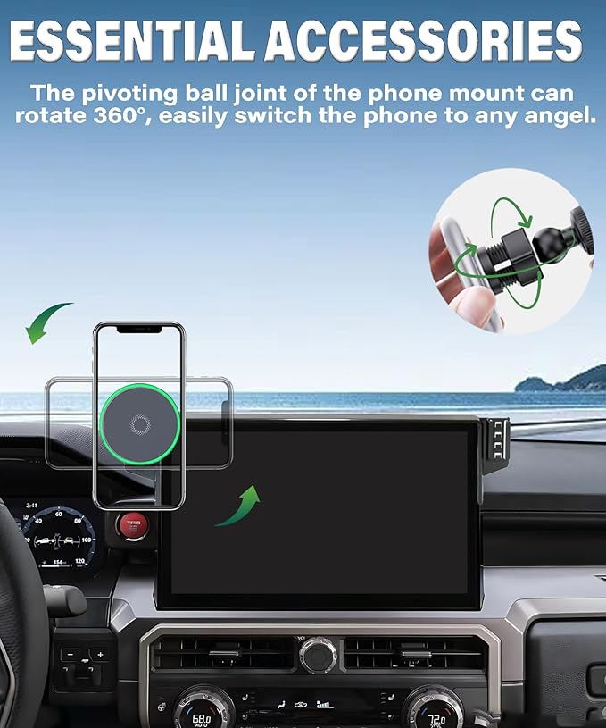 Car Phone Holder for 2024 2025 2026 Toyota Tacoma/2025 Toyota 4Runner Accessories 15W MagSafe Fast Wireless Charger Cell Phone Mount Apply to 14 Inch Touch Screen Fixed Clip 360° Rotation